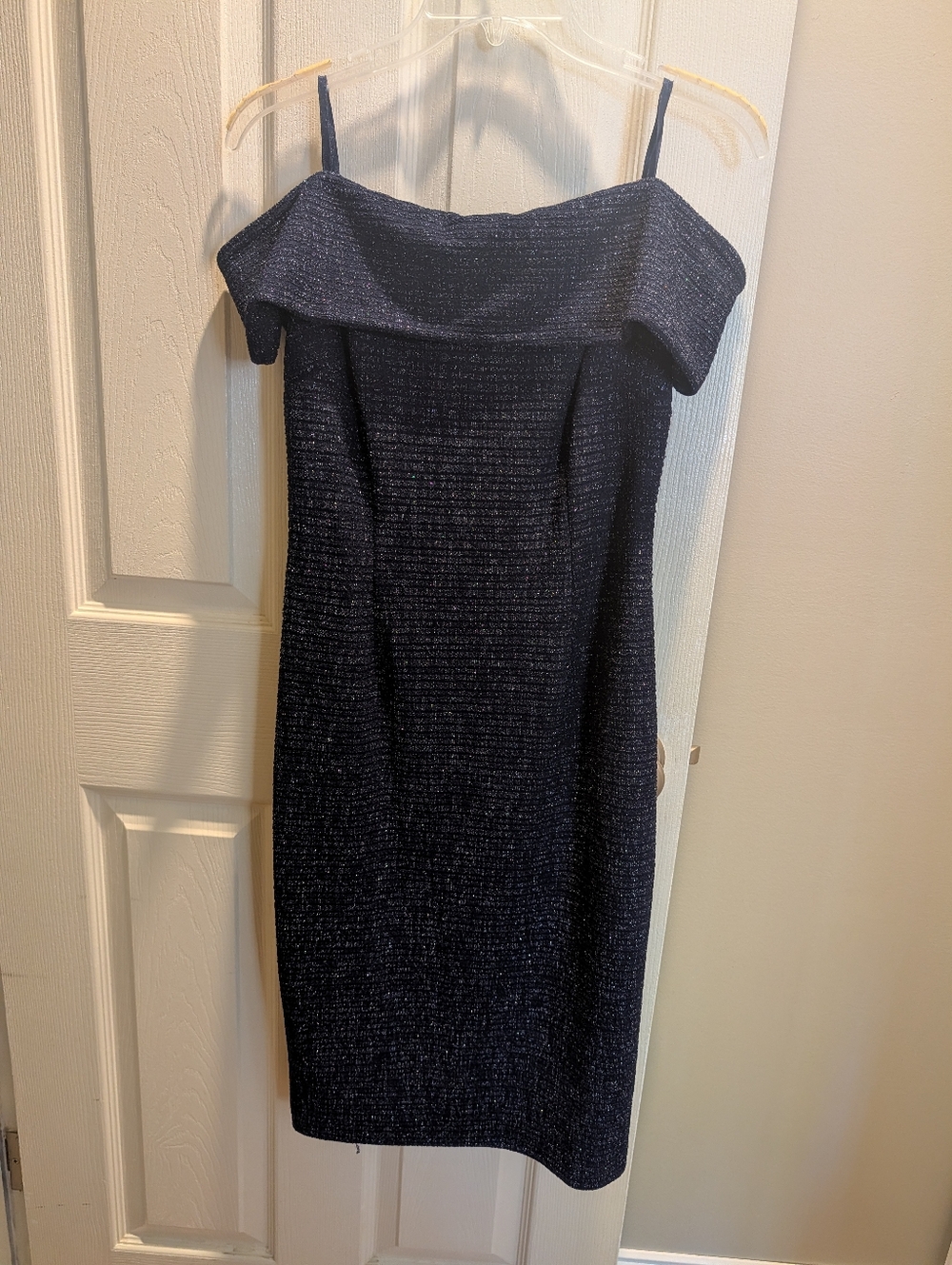 Off-Shoulder Sparkle Navy Sheath Dress